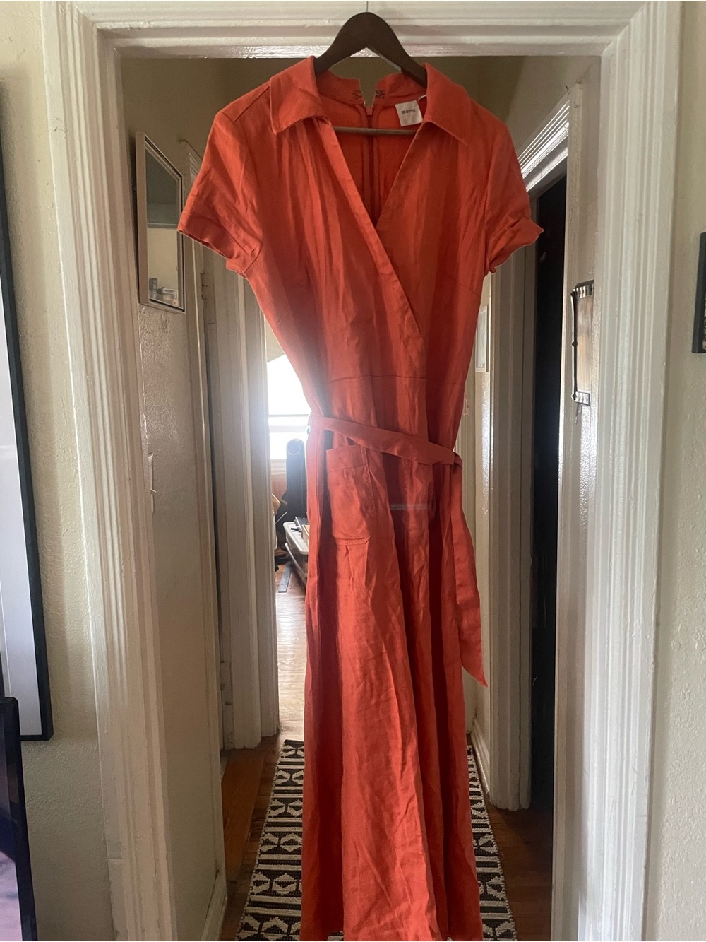 Maeve Coral-Orange Wrap Romper  with Waist Tie